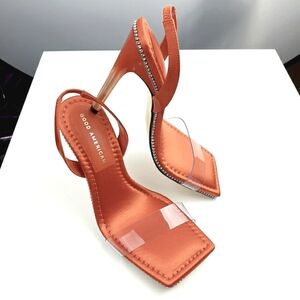 Good American crystal crush lucite   stiletto satin vinyl strap sandals 7.5